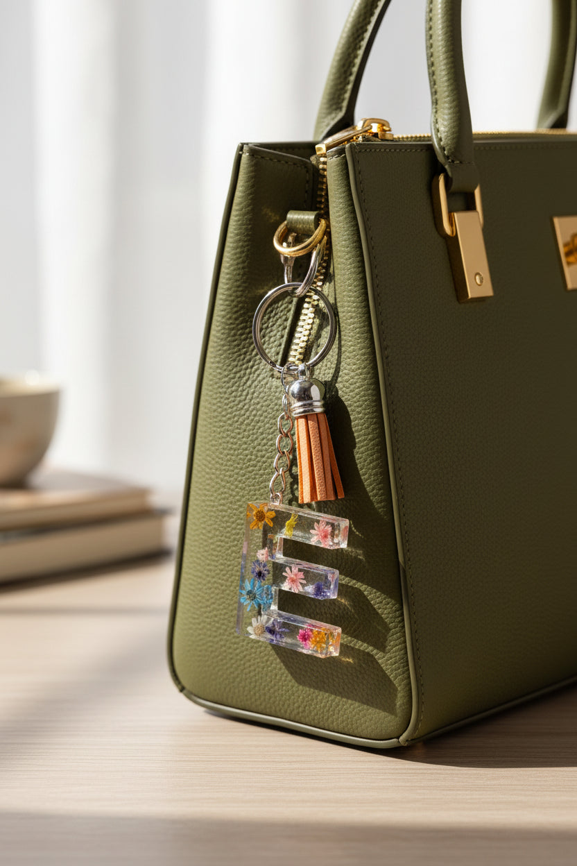 Green handbag with a floral letter E keychain