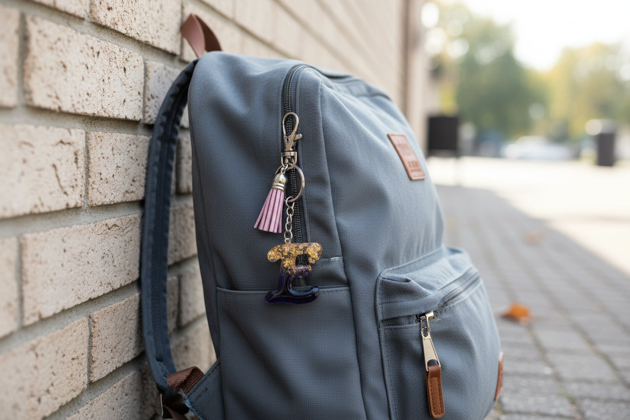 Keychain with letter 'E' charm and pink tassel on a marble background