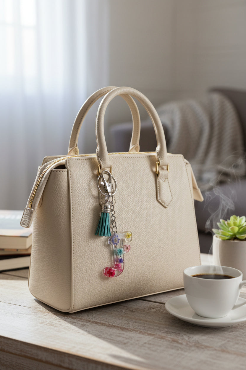 Beige handbag with a letter F keychain on a table with a cup of coffee and plant.