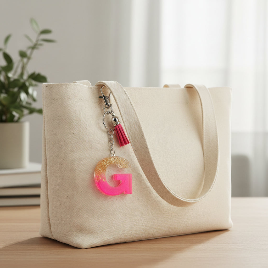 Gold and hot Pink Keychain with letter 'G' charm on a bag