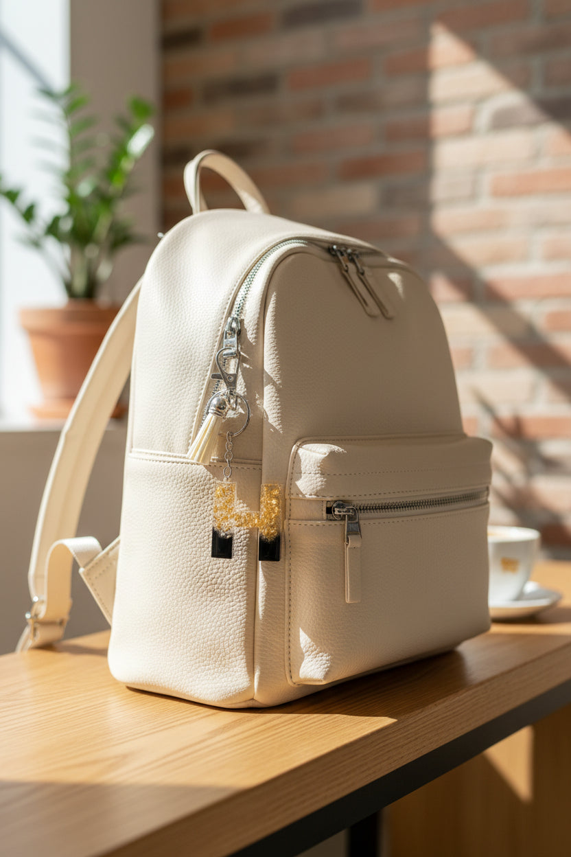 Keychain with letter 'H' design on a backpack