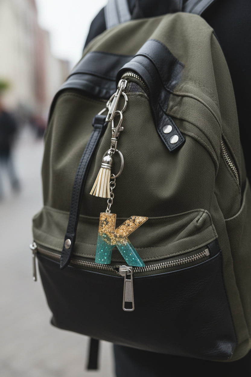 Green backpack with a keychain featuring a large 'K' on a blurred street background
