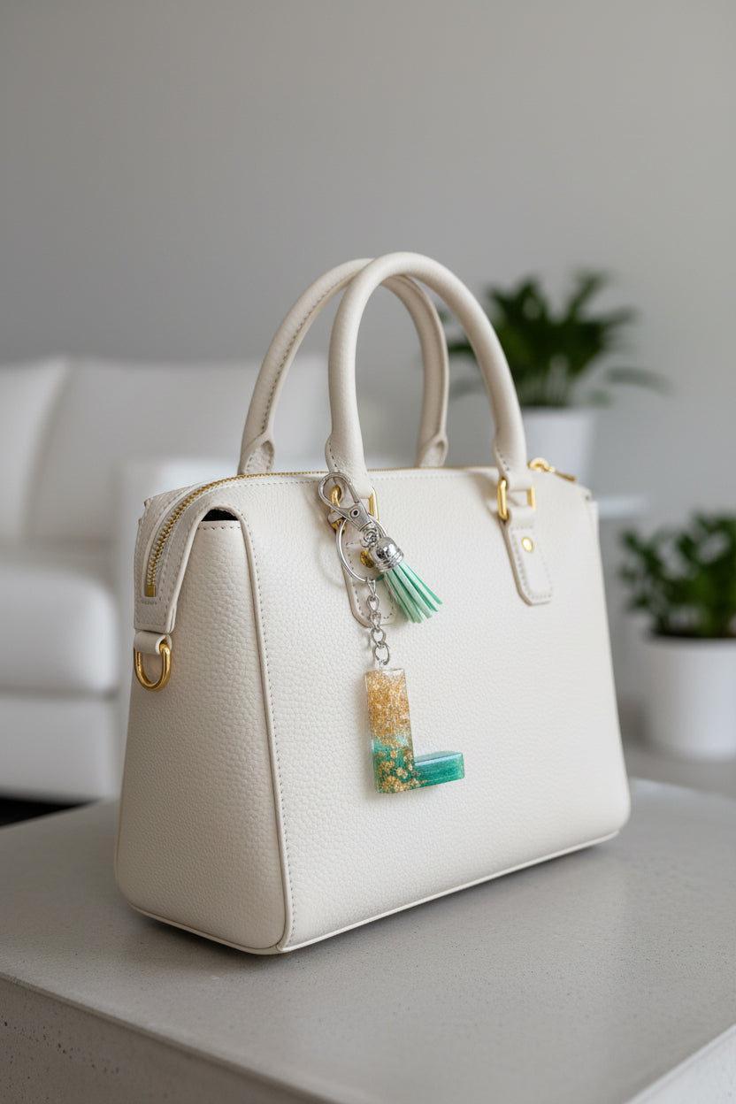 White handbag with decorative letter L charm on a light surface