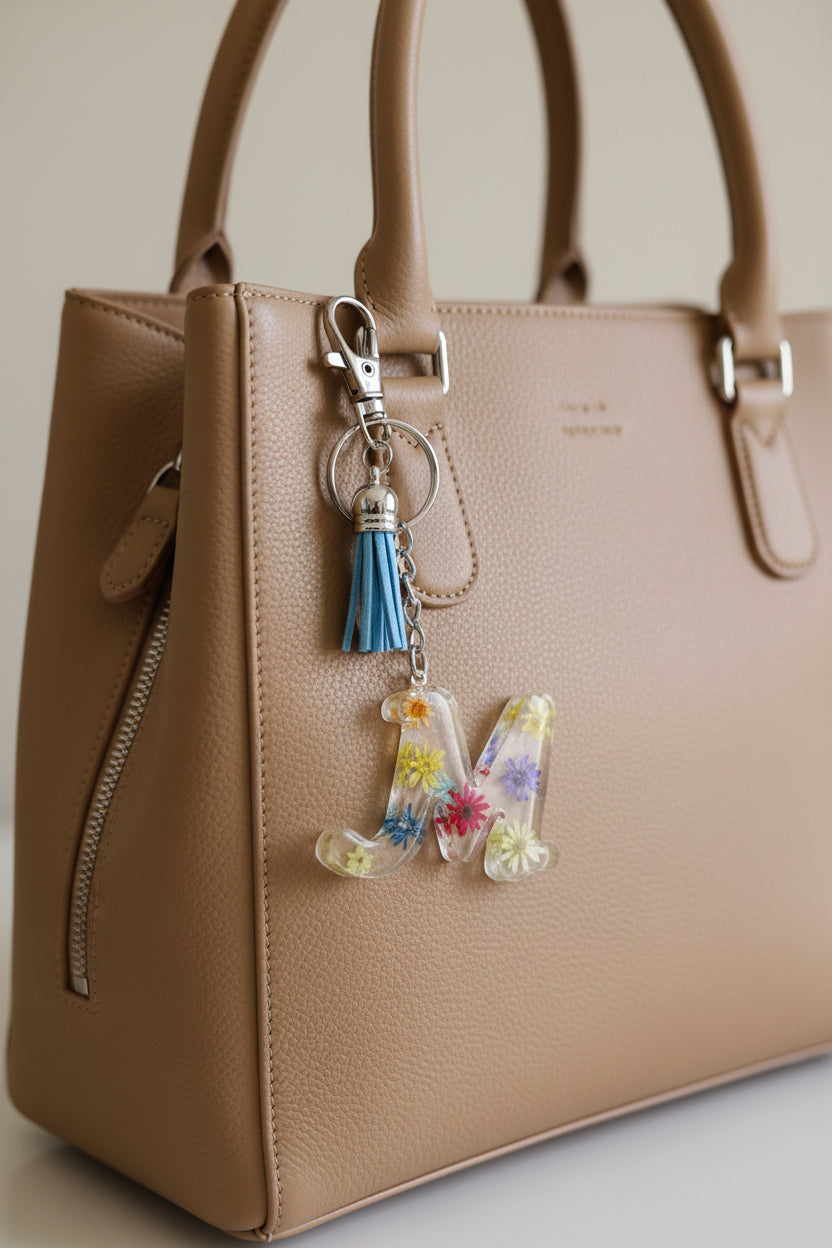 Letter M Keychain with colorful floral design and blue tassel on a marble background