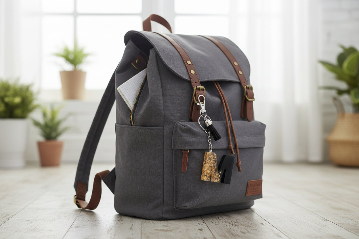 Gold and black letter M Keychain on a backpack