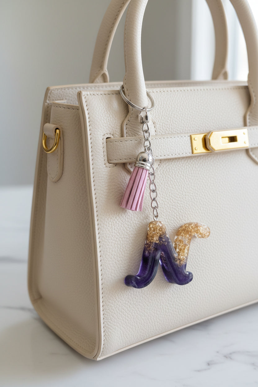 Beige handbag with decorative Letter N keychain on a marble surface