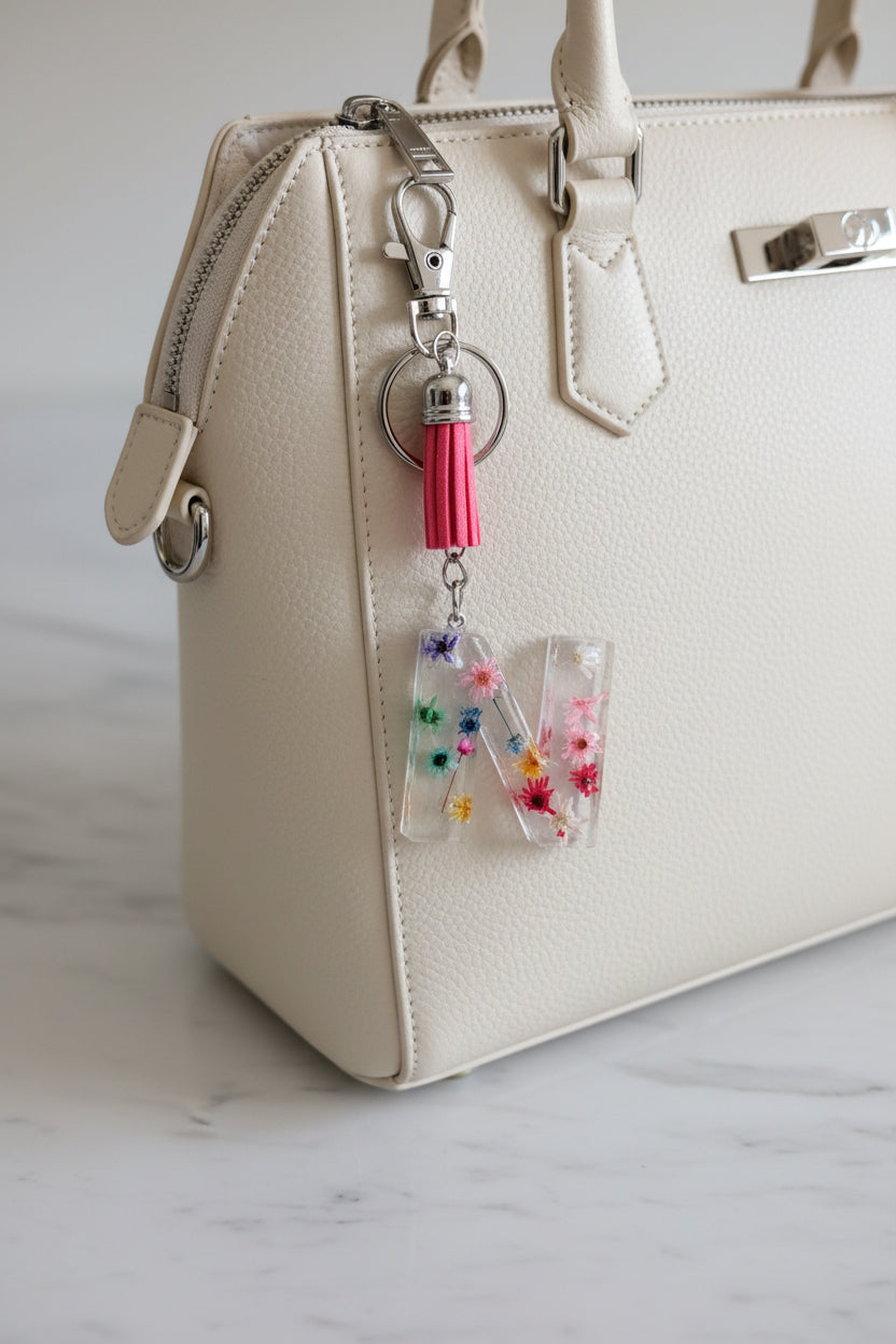 Keychain with floral design on a letter 'N' charm against a marble background