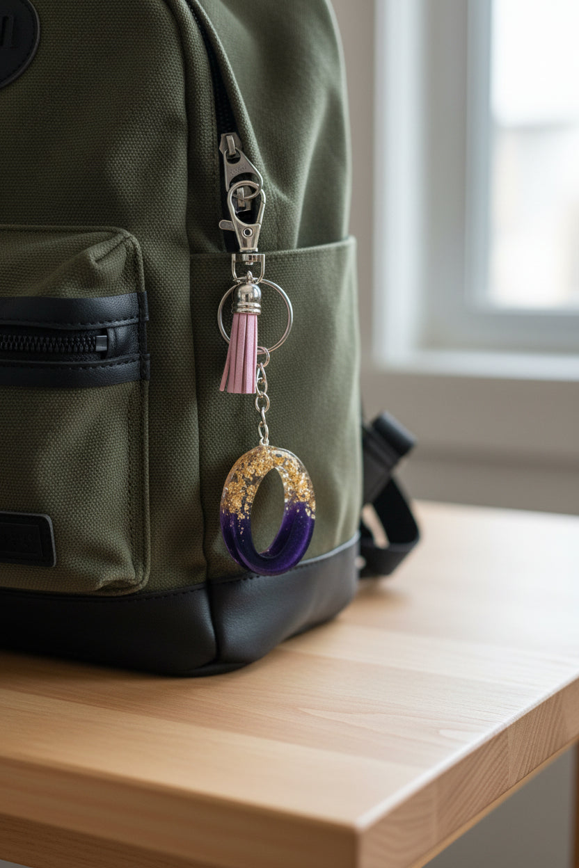 Keychain with purple and gold letter O charm on a marble background