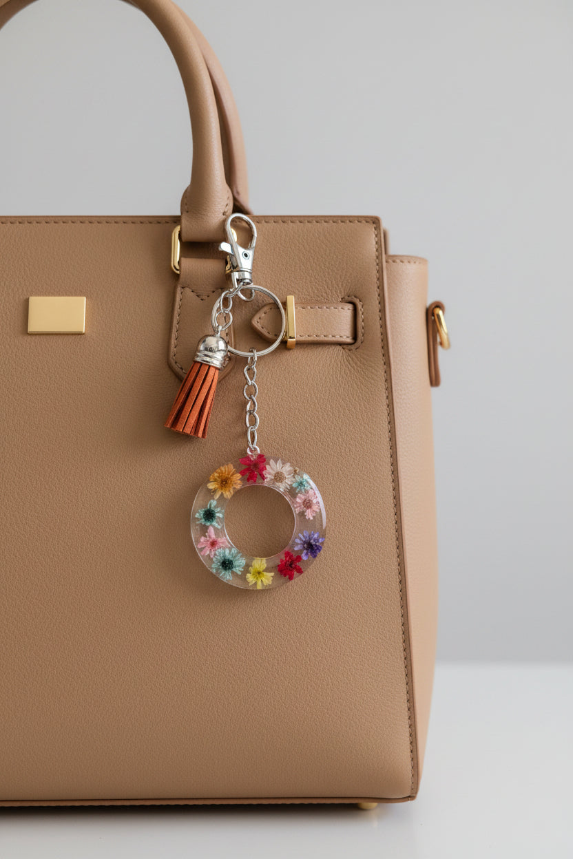 Beige handbag with a letter O floral keychain on a light gray background