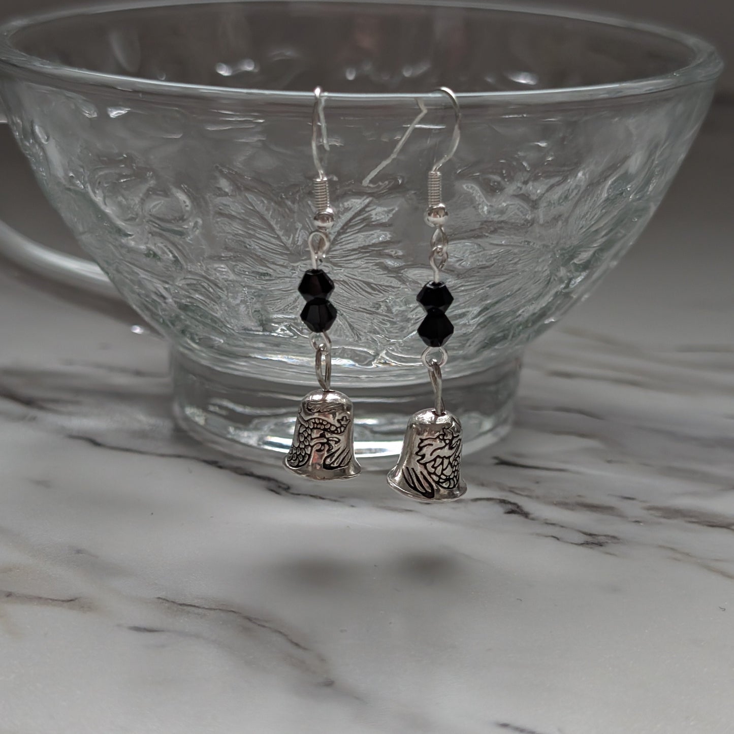 Tiny Silver Bell Dangle Earrings with Bicone Crystals | 925 Sterling Silver Hooks