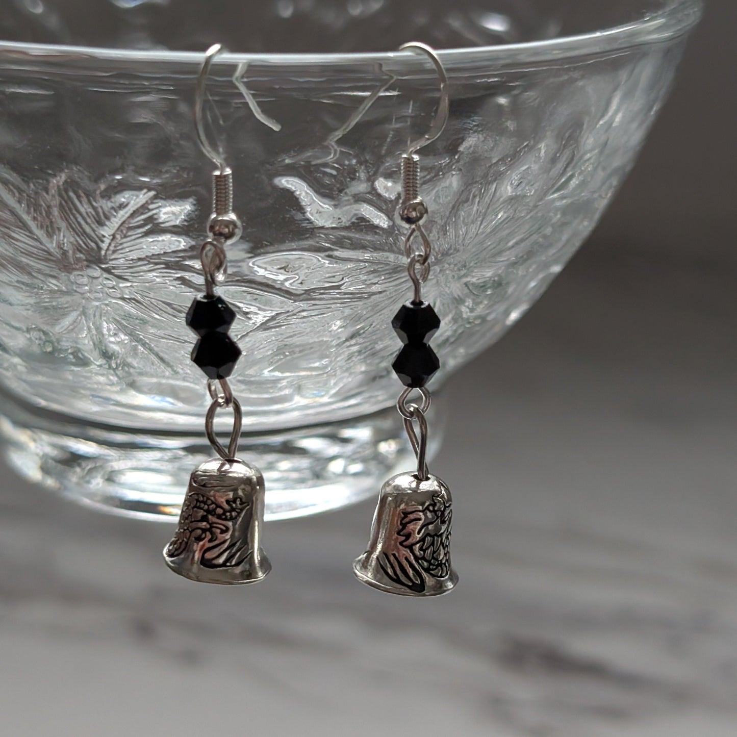 Tiny Silver Bell Dangle Earrings with Bicone Crystals | 925 Sterling Silver Hooks