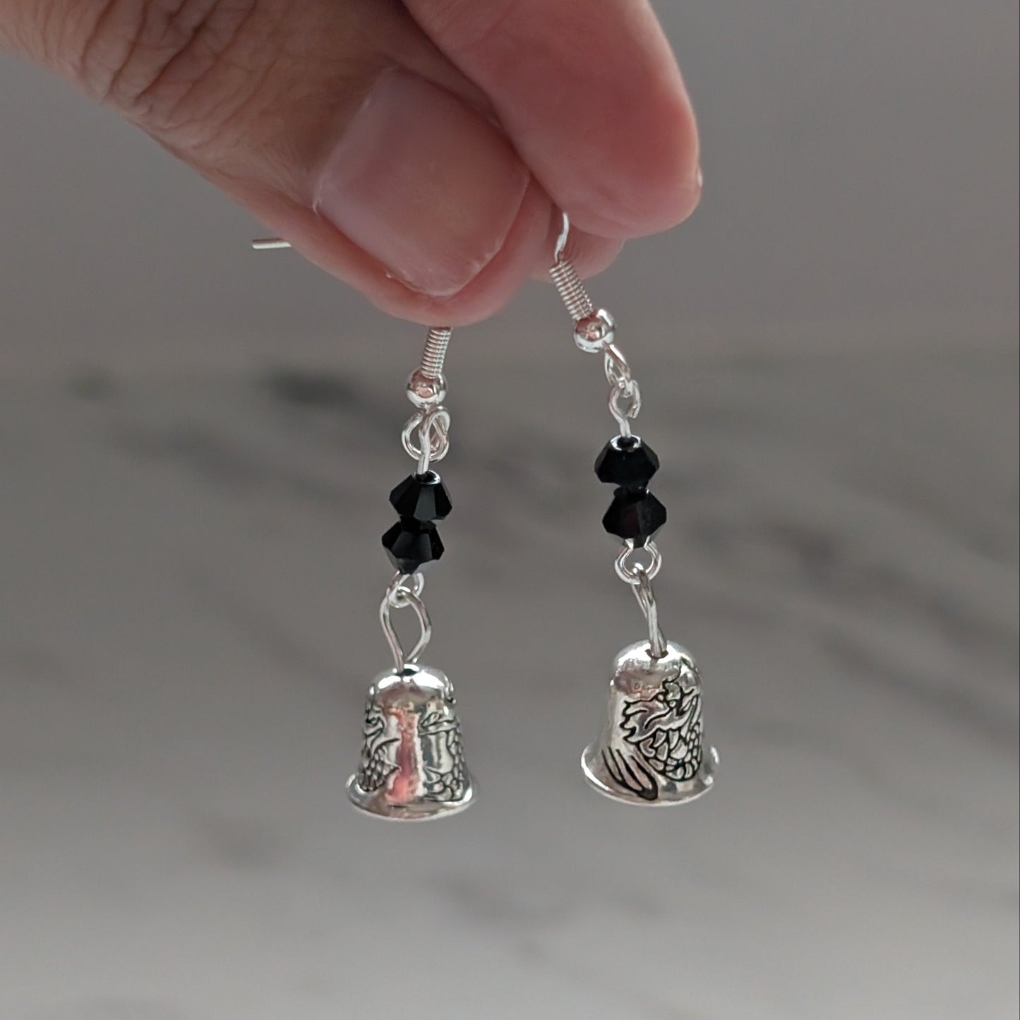 Tiny Silver Bell Dangle Earrings with Bicone Crystals | 925 Sterling Silver Hooks