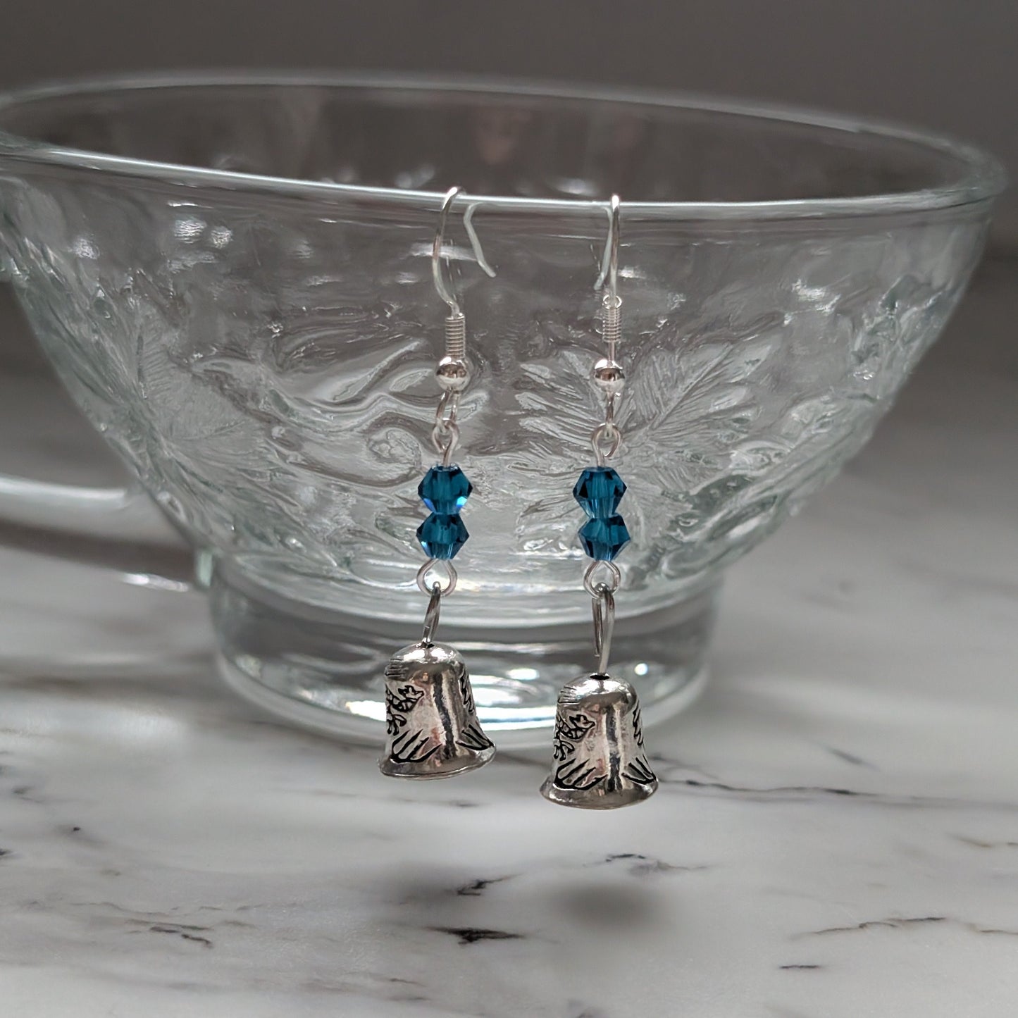 Tiny Silver Bell Dangle Earrings with Bicone Crystals | 925 Sterling Silver Hooks