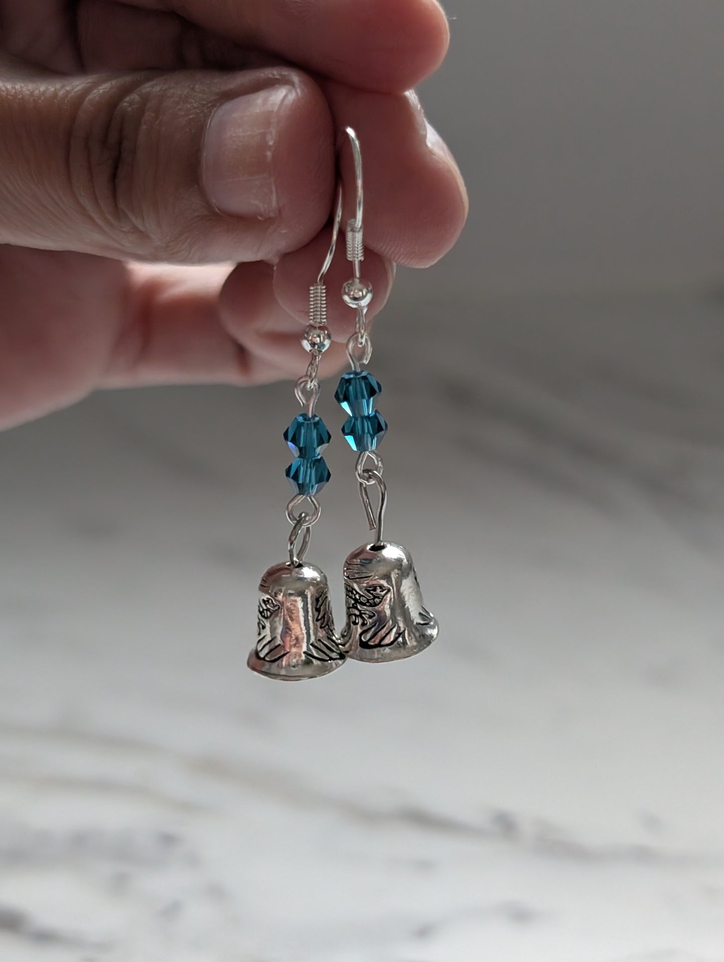 Tiny Silver Bell Dangle Earrings with Bicone Crystals | 925 Sterling Silver Hooks