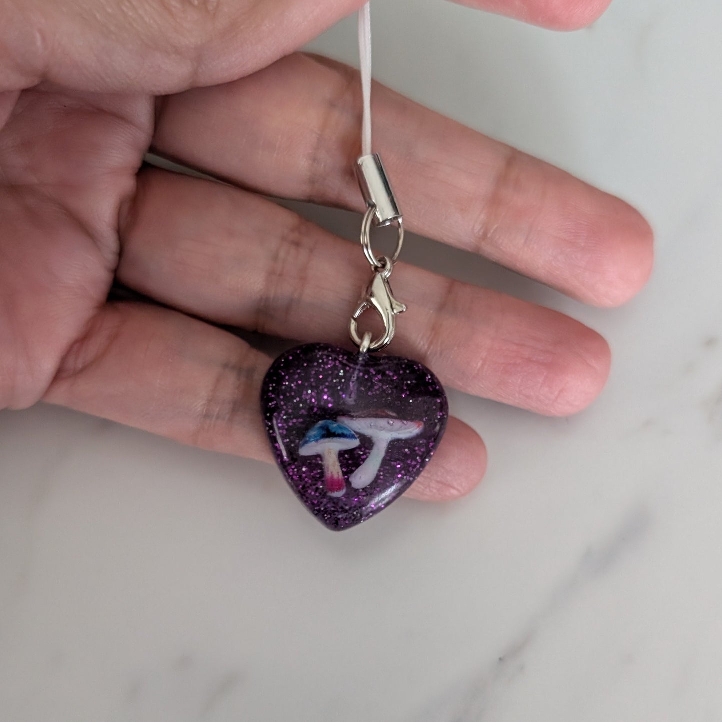 Phone charm - Resin heart with mushroom