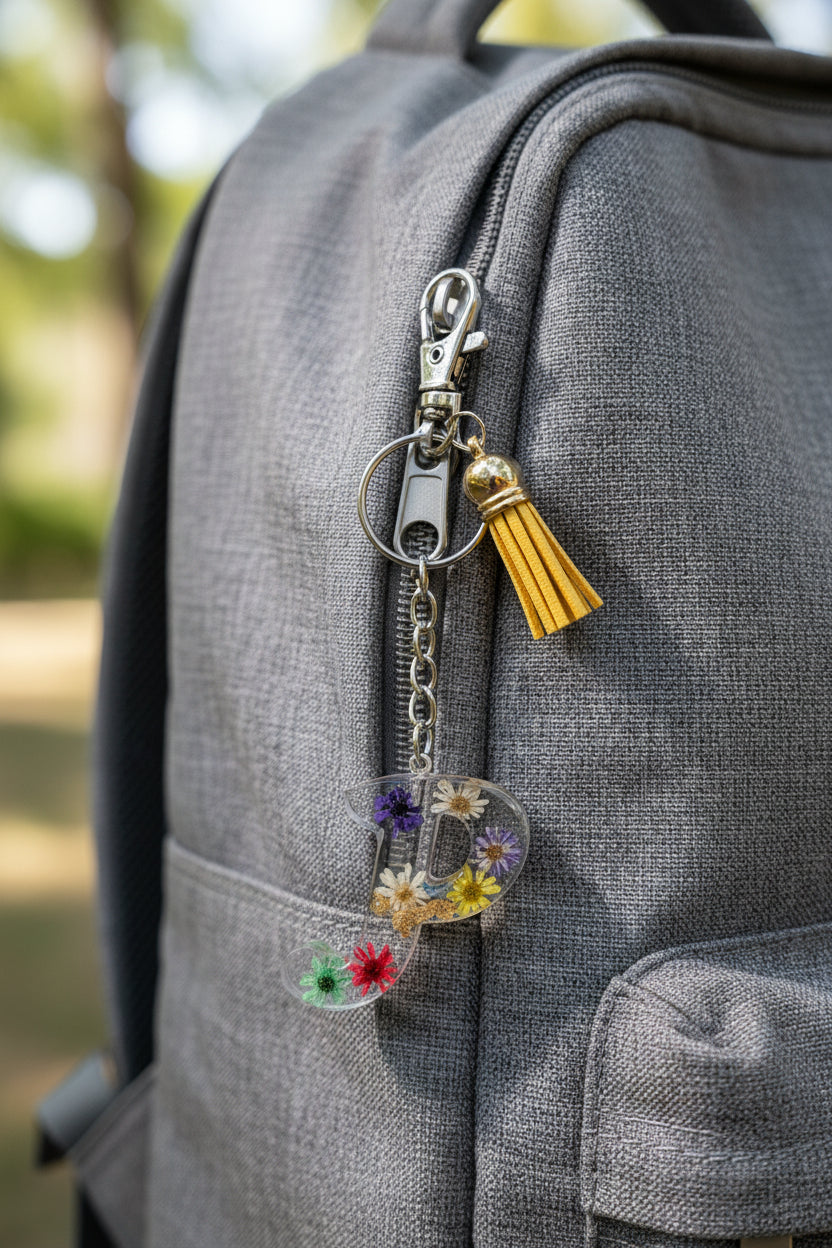 Letter P Keychain with colorful flowers on a marble surface