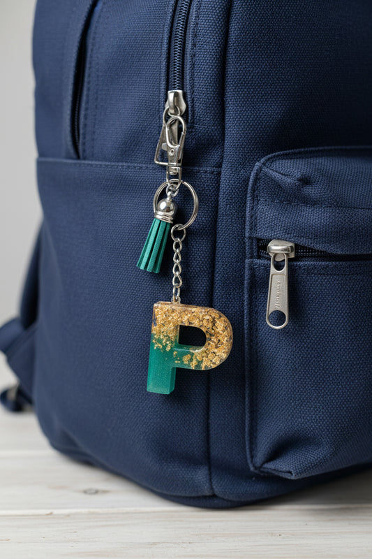 Gold and green Keychain with letter 'P' on a marble surface