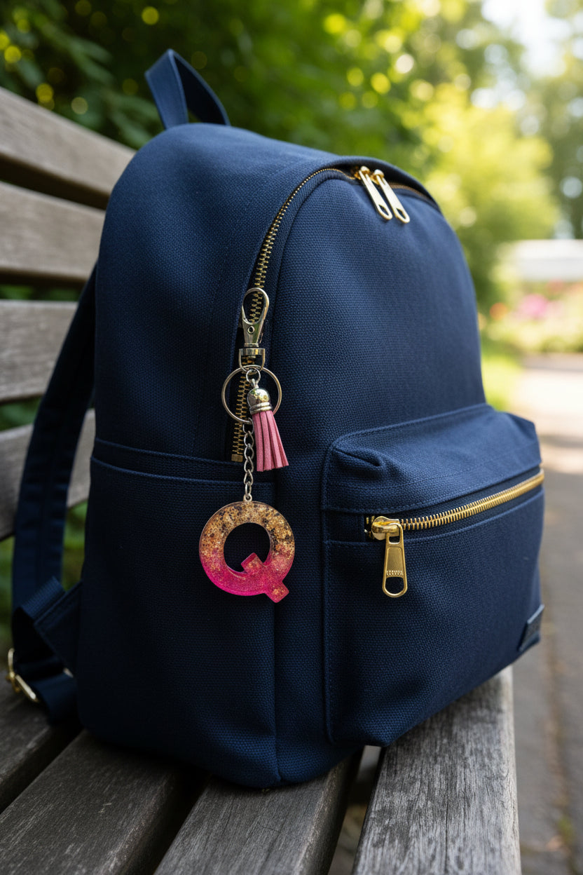 Keychain with a pink and gold letter Q design on a blue backpack