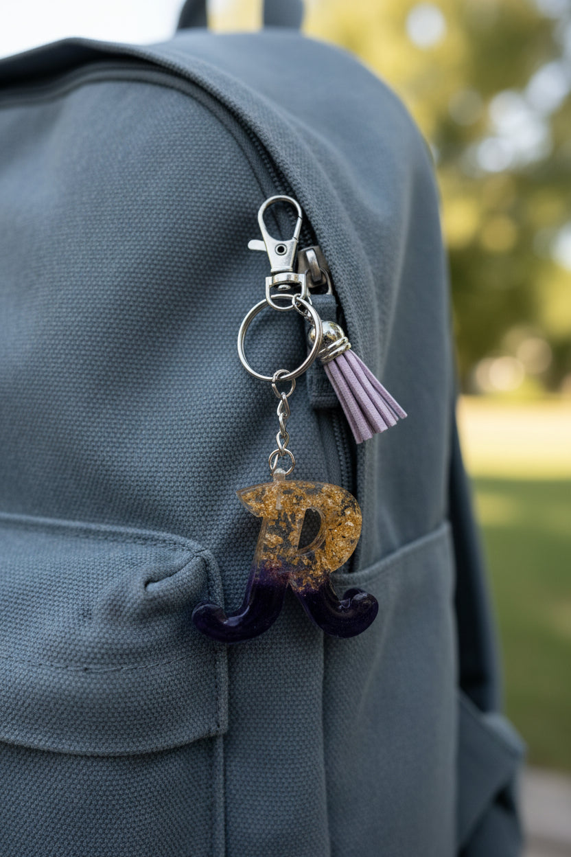 Keychain with letter 'R' design on a backpack