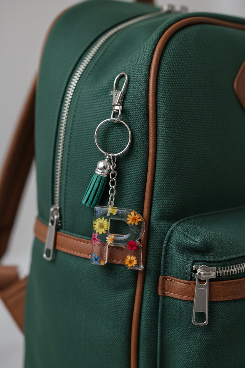 Letter R Keychain with floral design on a green backpack