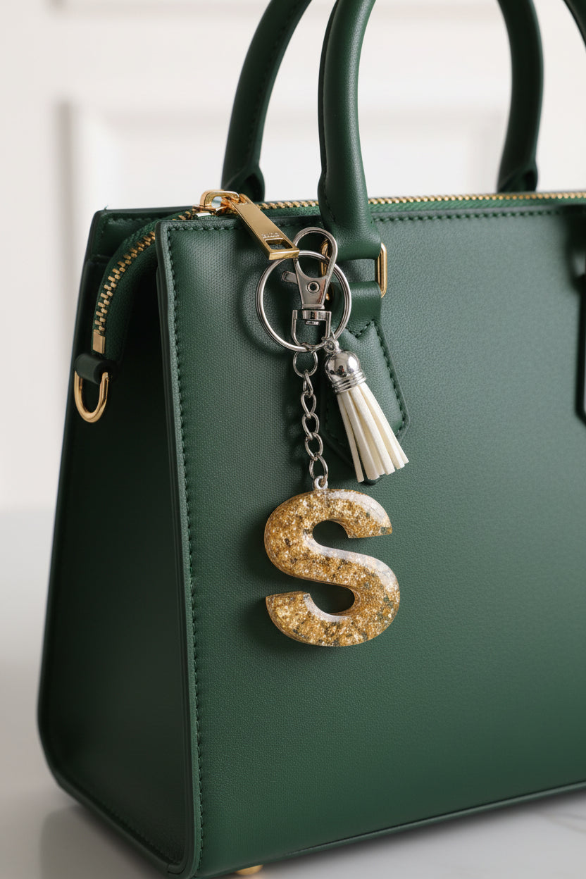 Gold letter 'S' keychain on a green bag
