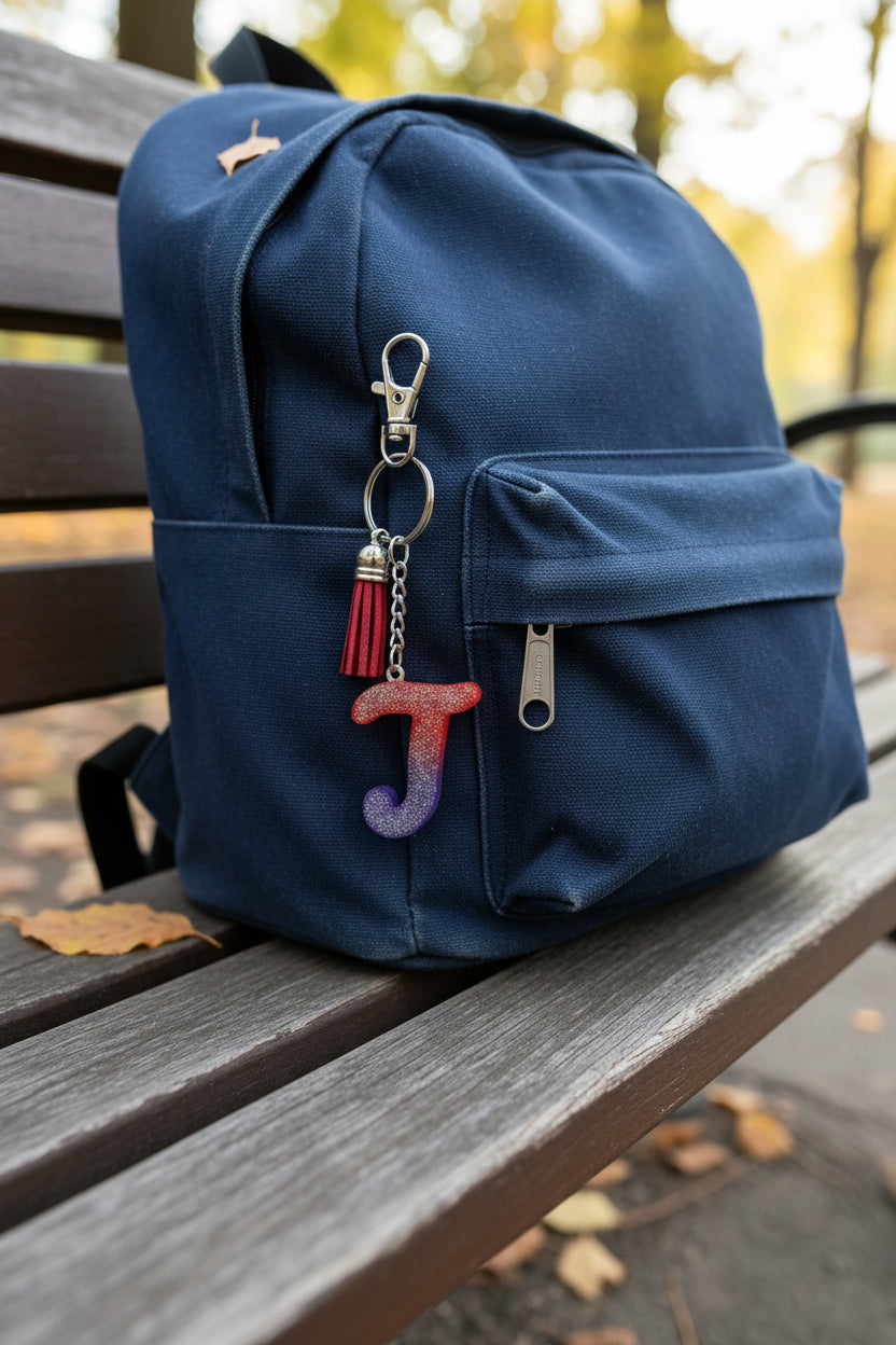Blue backpack with a letter T keychain on a wooden bench outdoors