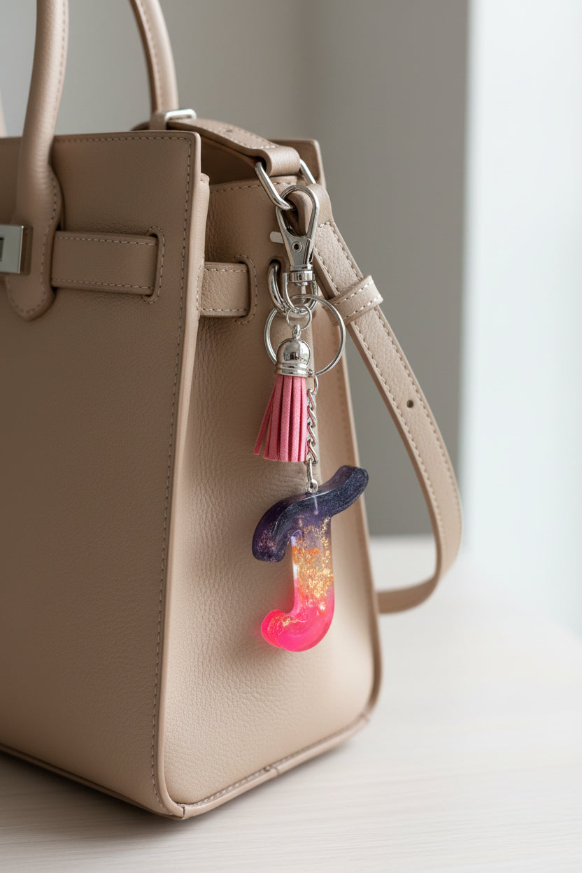 Colorful keychain with a pink and purple letter T design on a marble surface