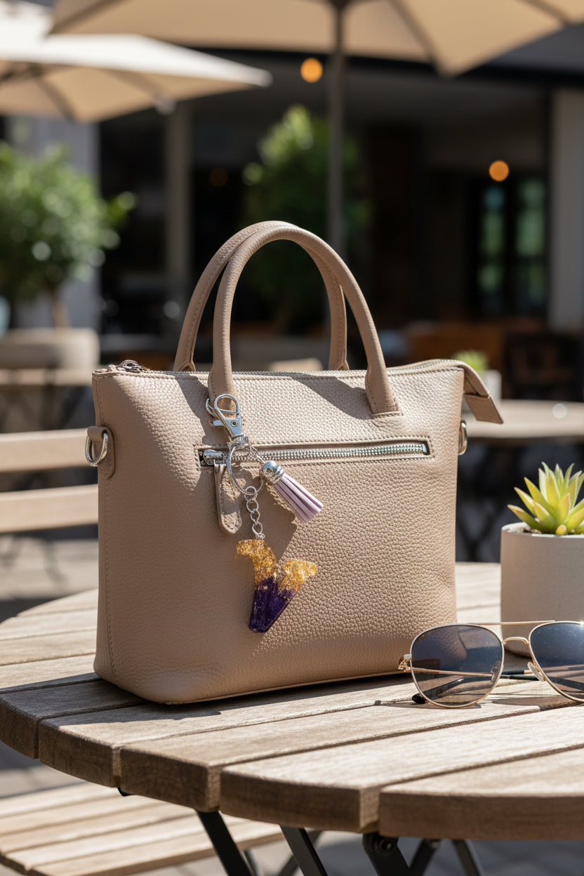 Beige handbag with a gold and purple letter V keychain