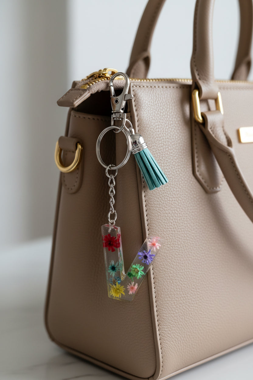 Beige handbag with a letter V keychain featuring colorful flowers on a light background