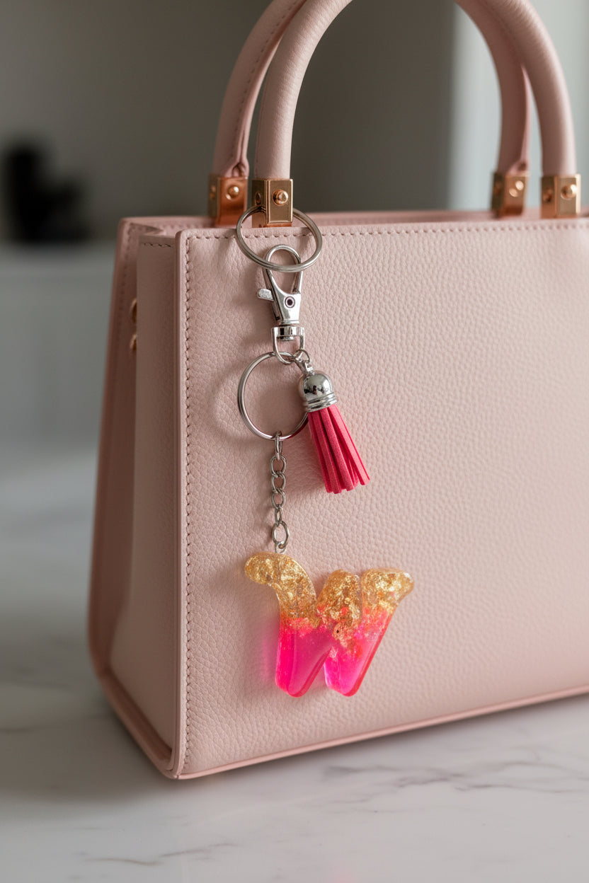 Pink handbag with a gold and hot Pink letter W keychain 