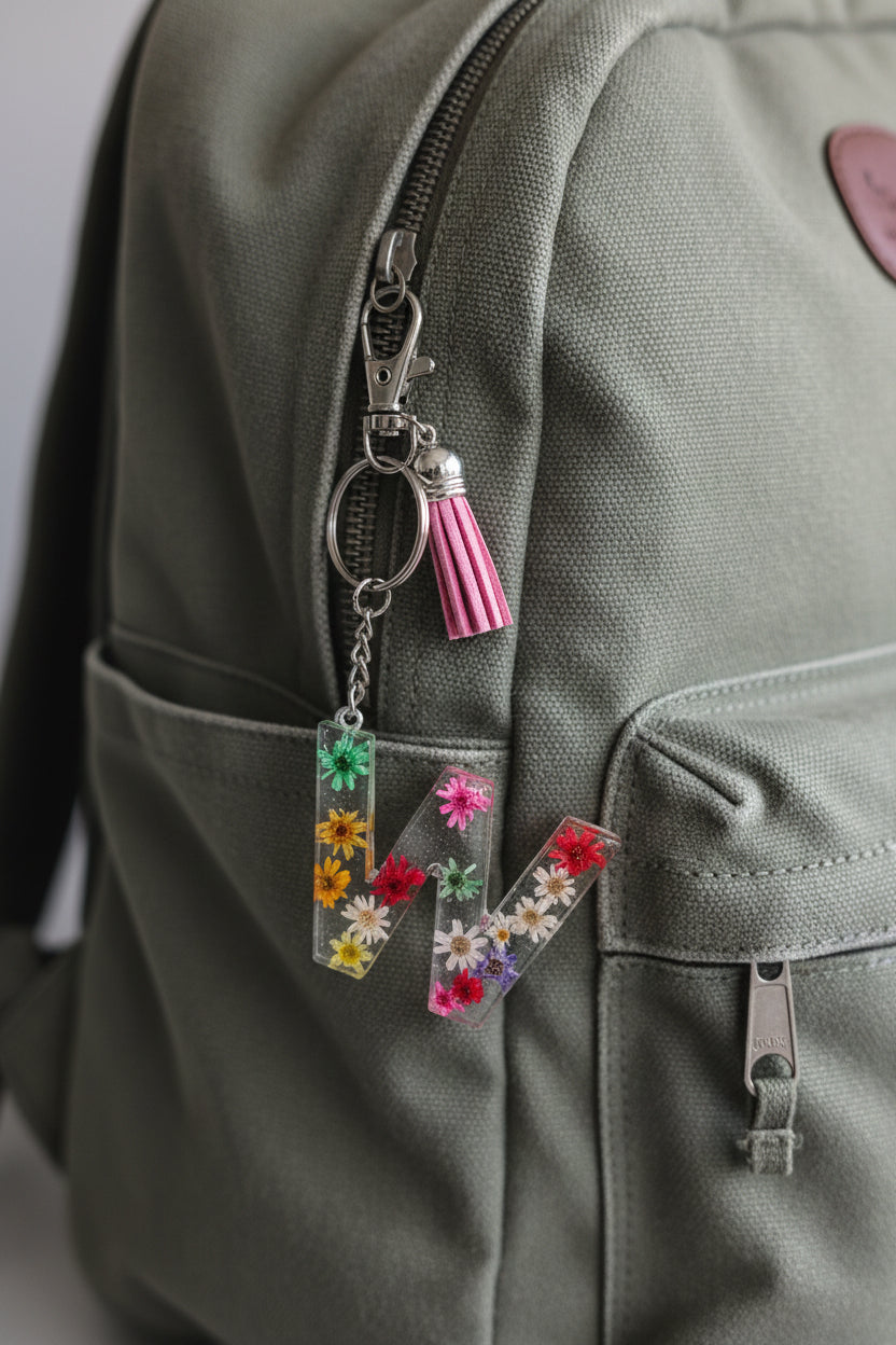 Gray backpack with a colorful Letter W keychain featuring flowers.