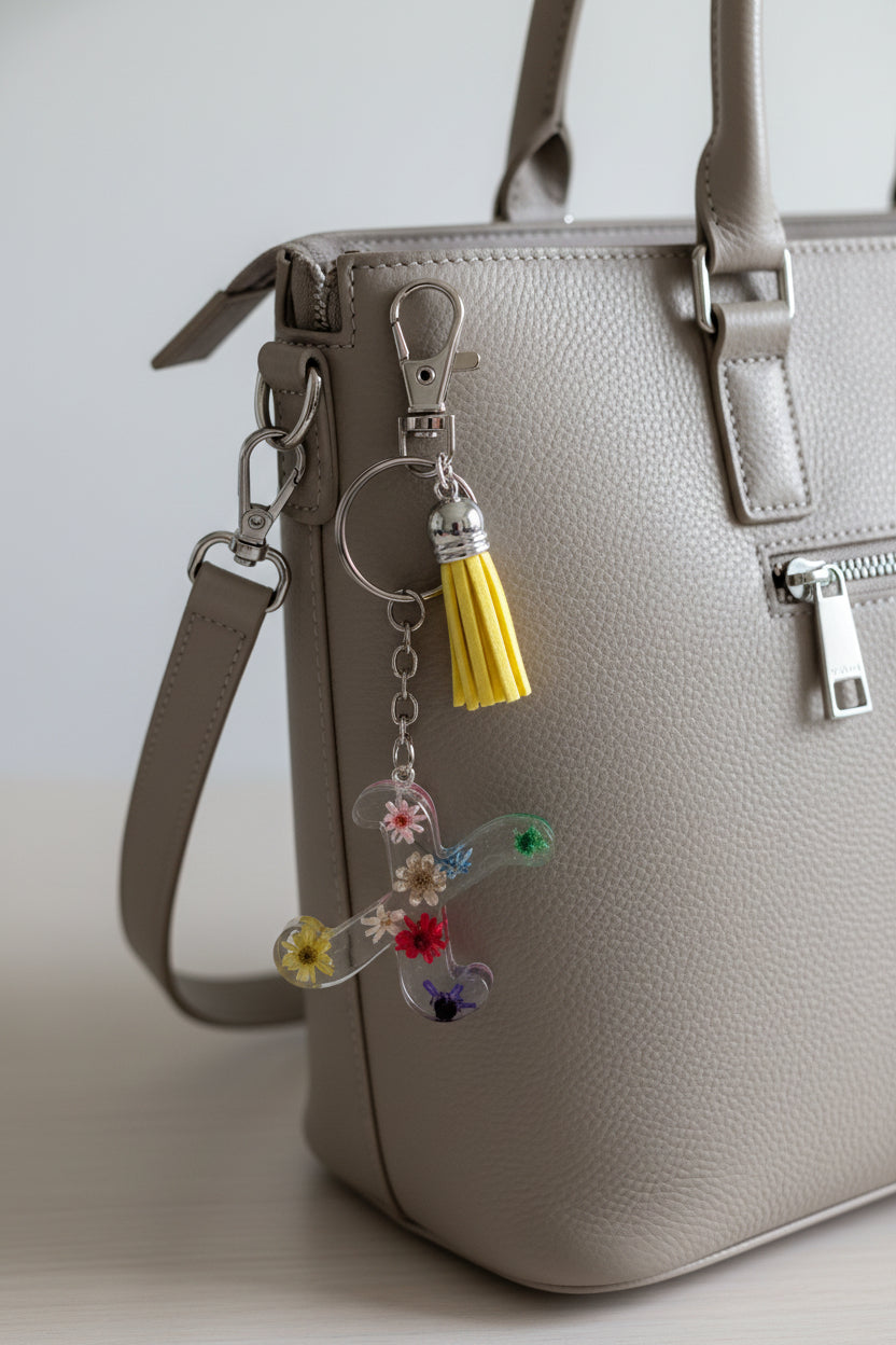 Letter X Keychain with colorful flowers and a yellow tassel on a marble surface