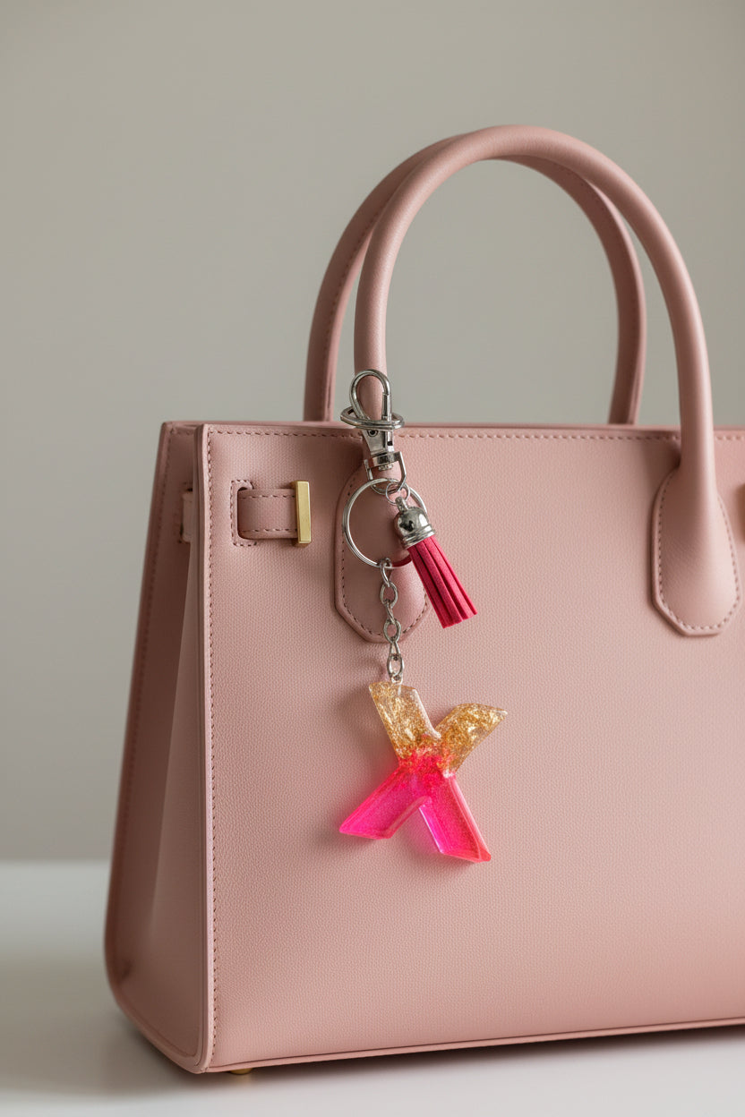 Pink handbag with a colorful letter 'X' charm keychain on a neutral background