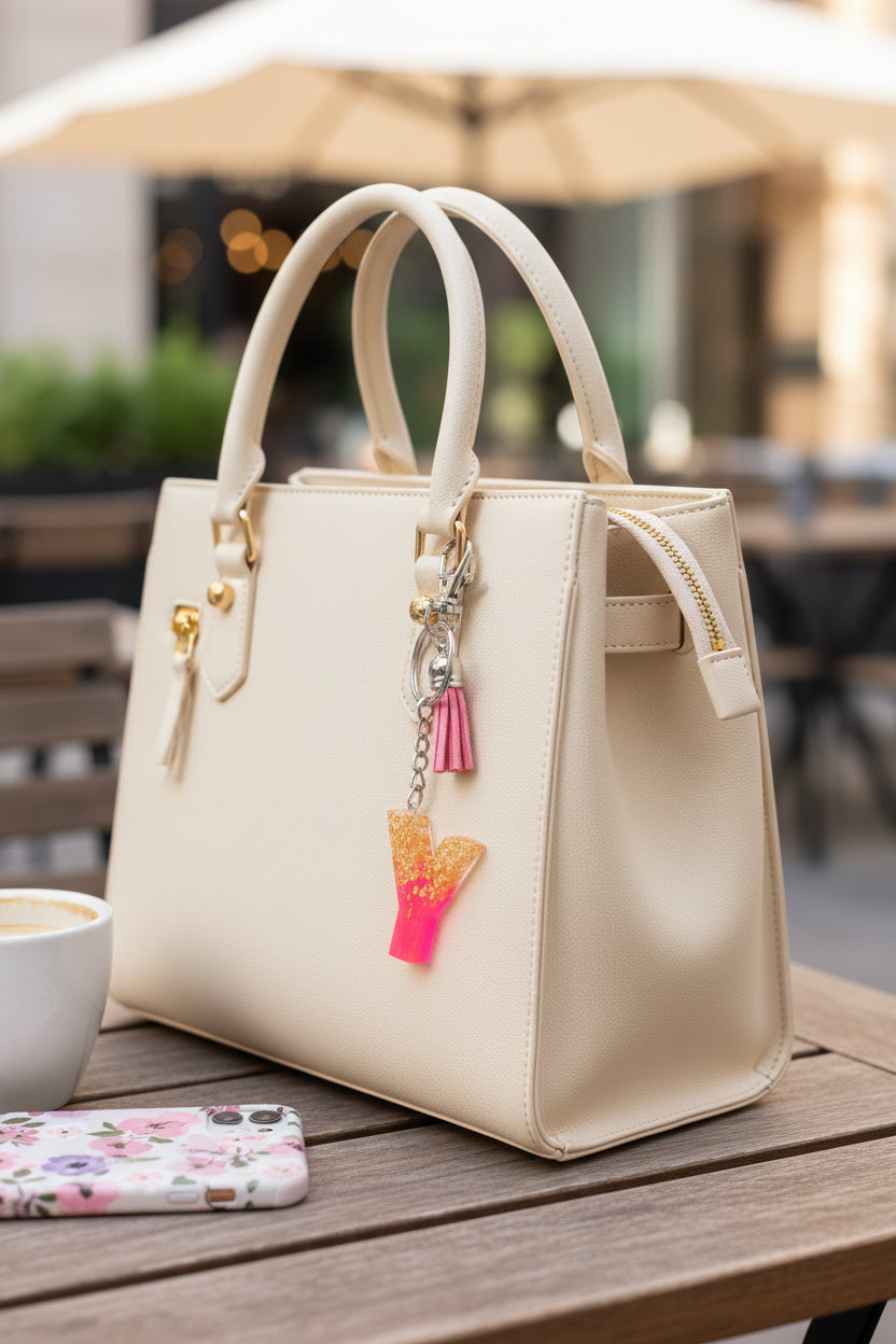 Keychain with pink and gold letter 'Y' charm on a bag