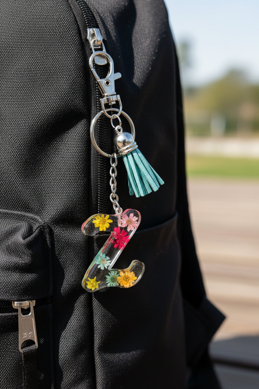 Letter Z Keychain with colorful flowers and a tassel on a marble background