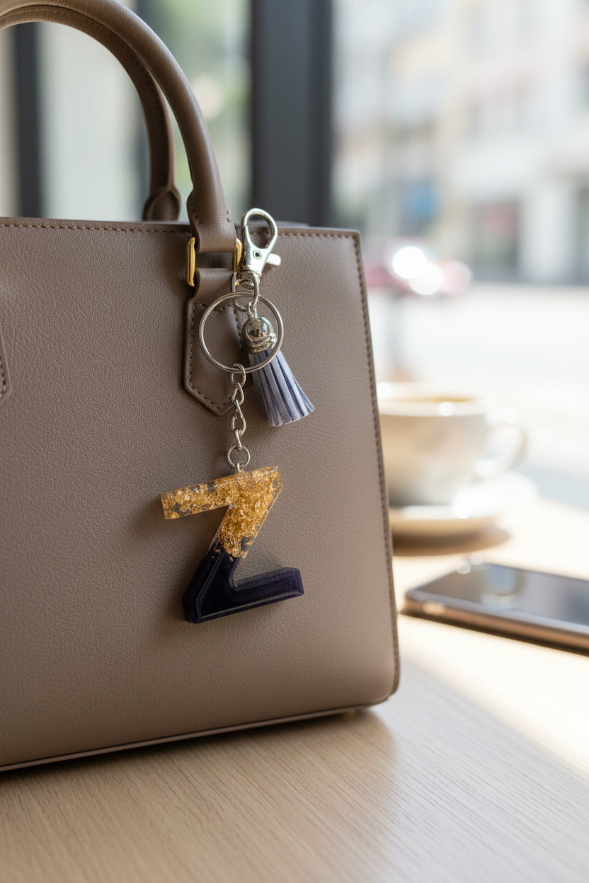 Keychain with gold and purple letter 'Z' charm on a bag