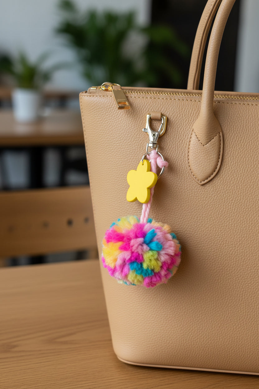 Small Boho-Chic Yarn Pom-Pom Keychain