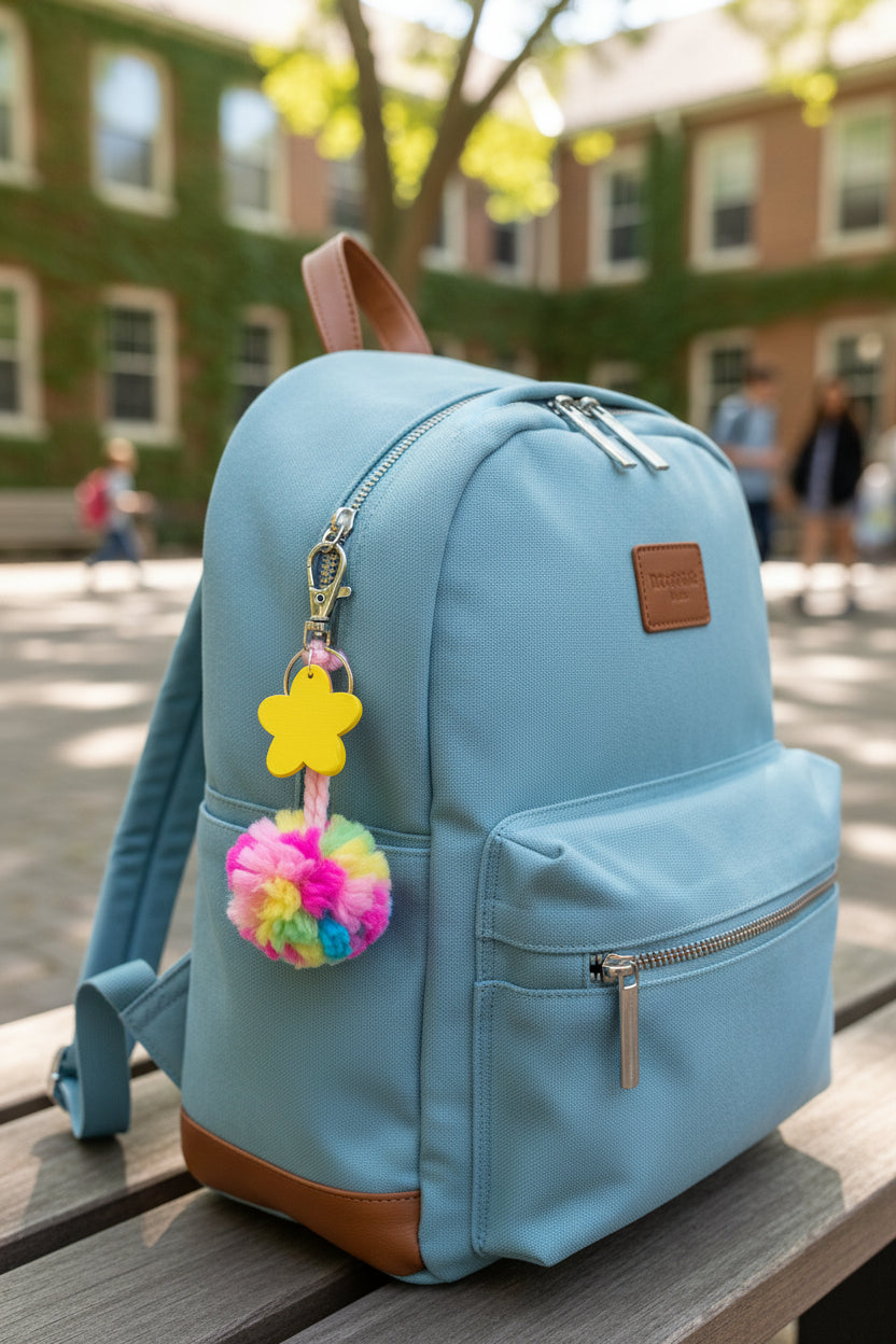 Colorful pom-pom keychain with a yellow flower-shaped tag on a marble surface.