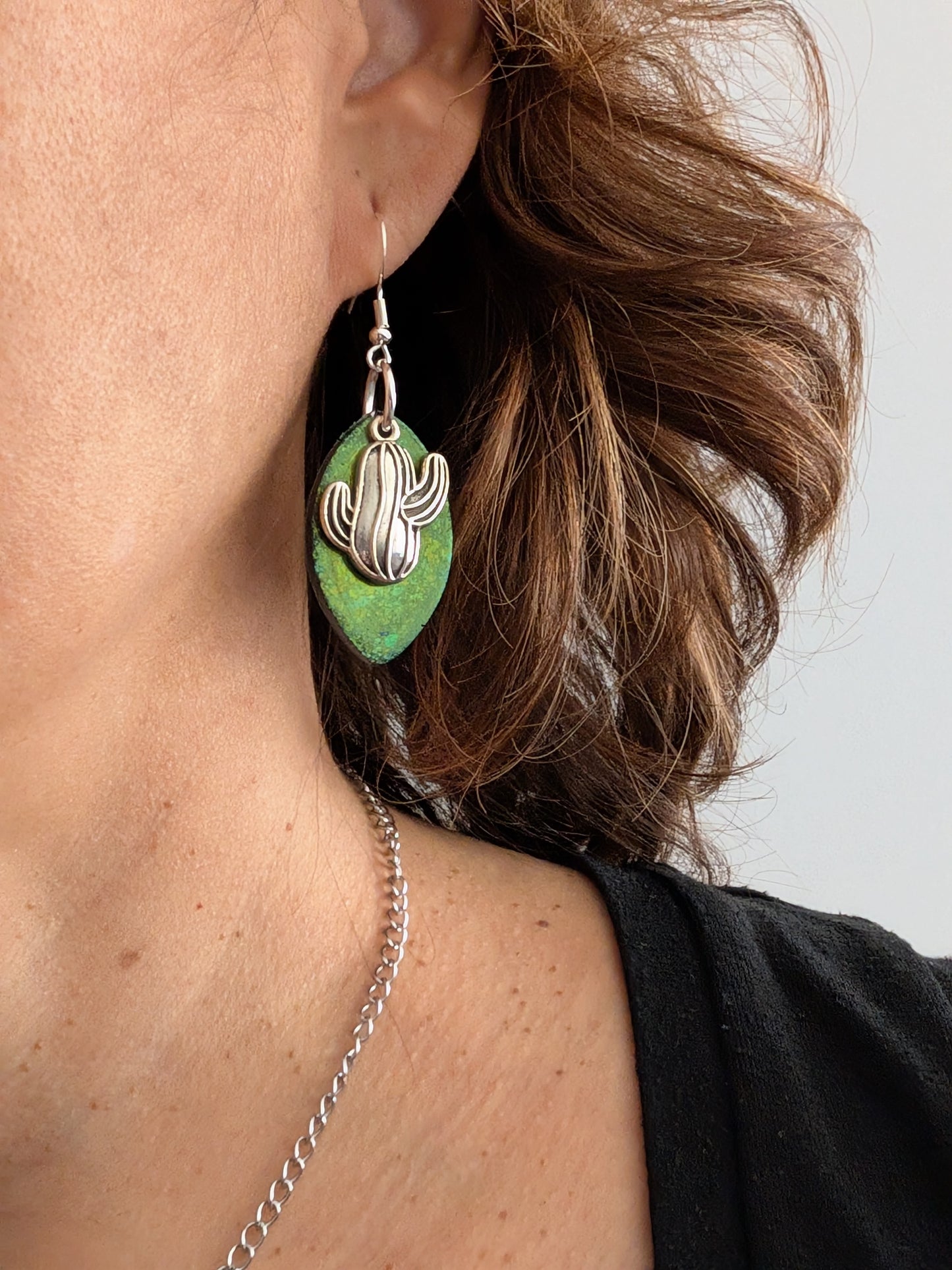 Desert Vibes Resin Leaf & Silver Cactus Dangle Earrings on 925 silver hook