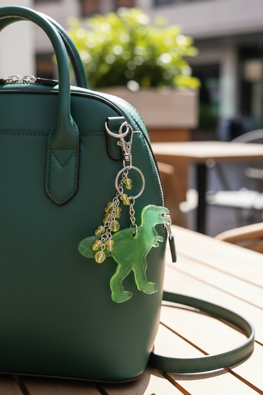 T-Rex Bag Charm – Handmade Resin Dinosaur Keychain with Beaded Tassel