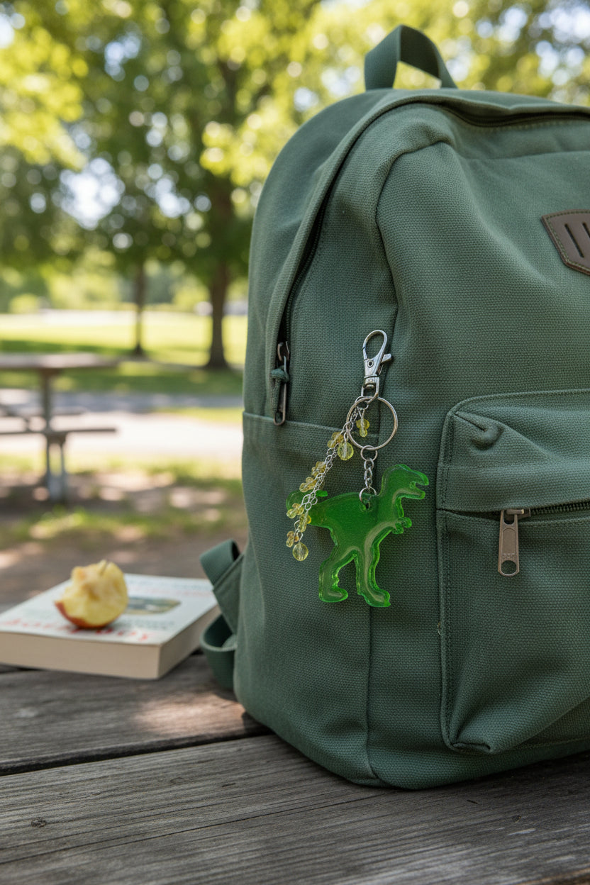 T-Rex Bag Charm – Handmade Resin Dinosaur Keychain with Beaded Tassel