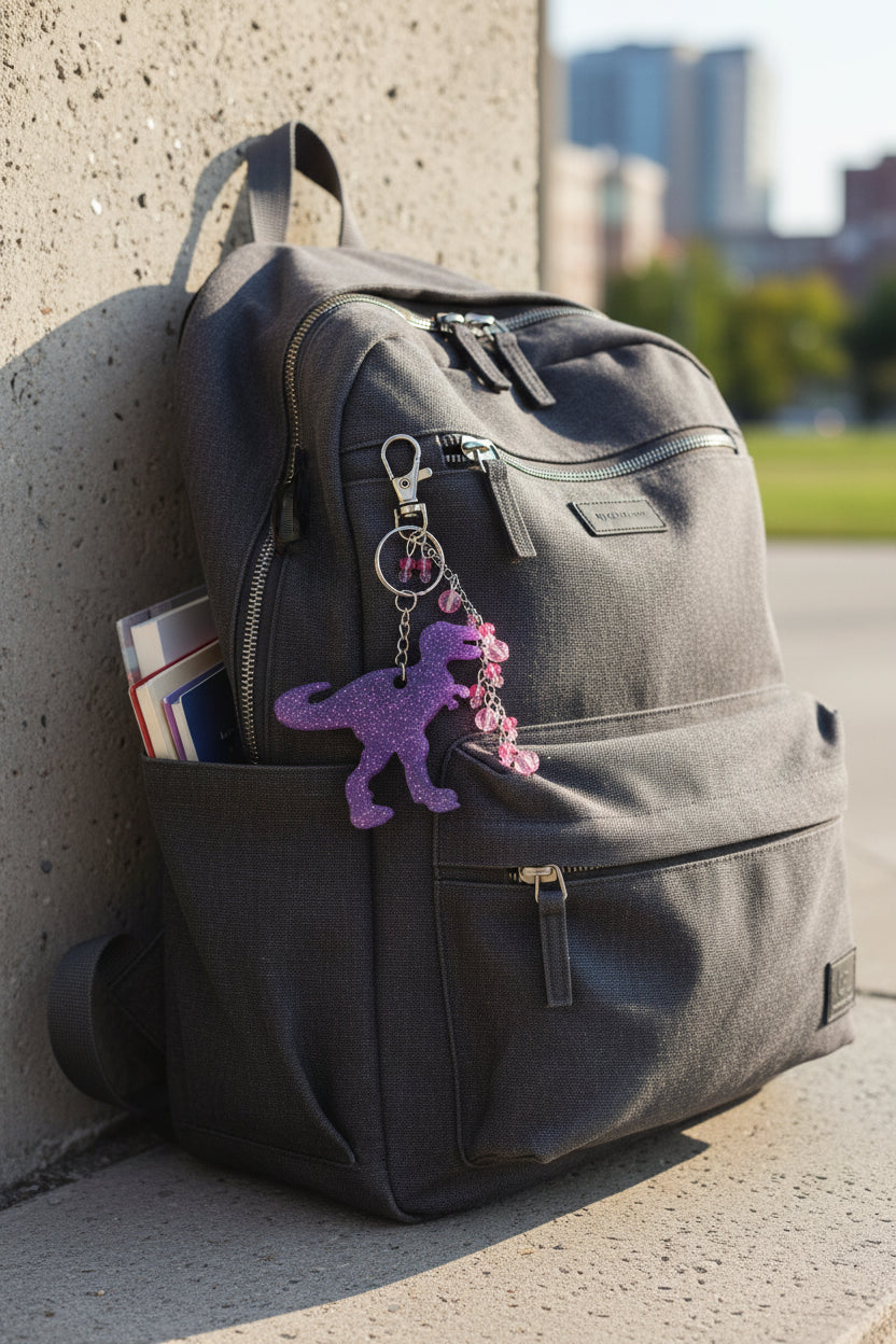 T-Rex Bag Charm – Handmade Resin Dinosaur Keychain with Beaded Tassel