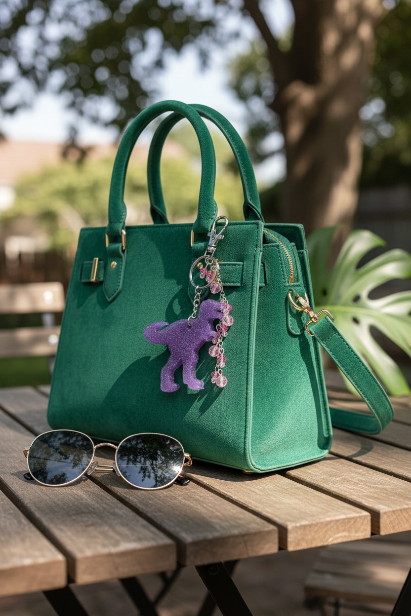 T-Rex Bag Charm – Handmade Resin Dinosaur Keychain with Beaded Tassel