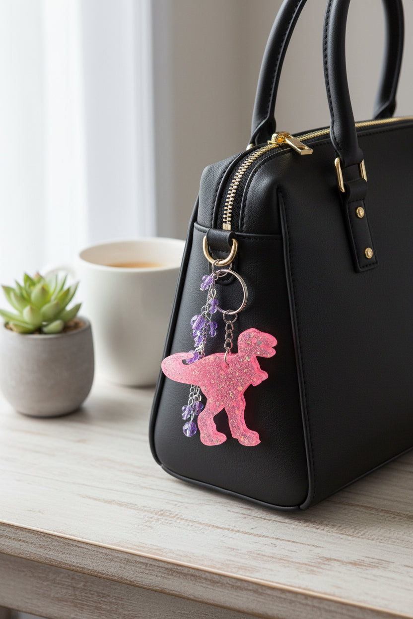 T-Rex Bag Charm – Handmade Resin Dinosaur Keychain with Beaded Tassel