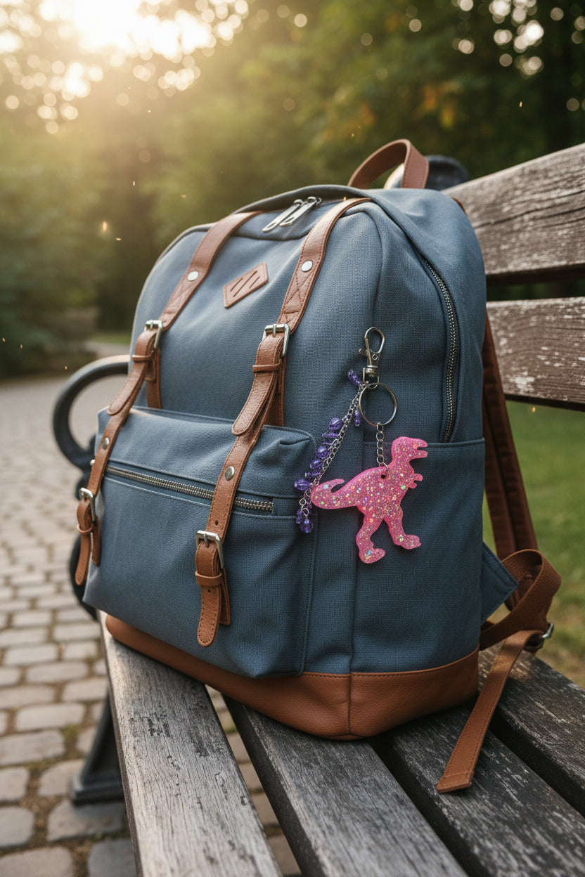 T-Rex Bag Charm – Handmade Resin Dinosaur Keychain with Beaded Tassel