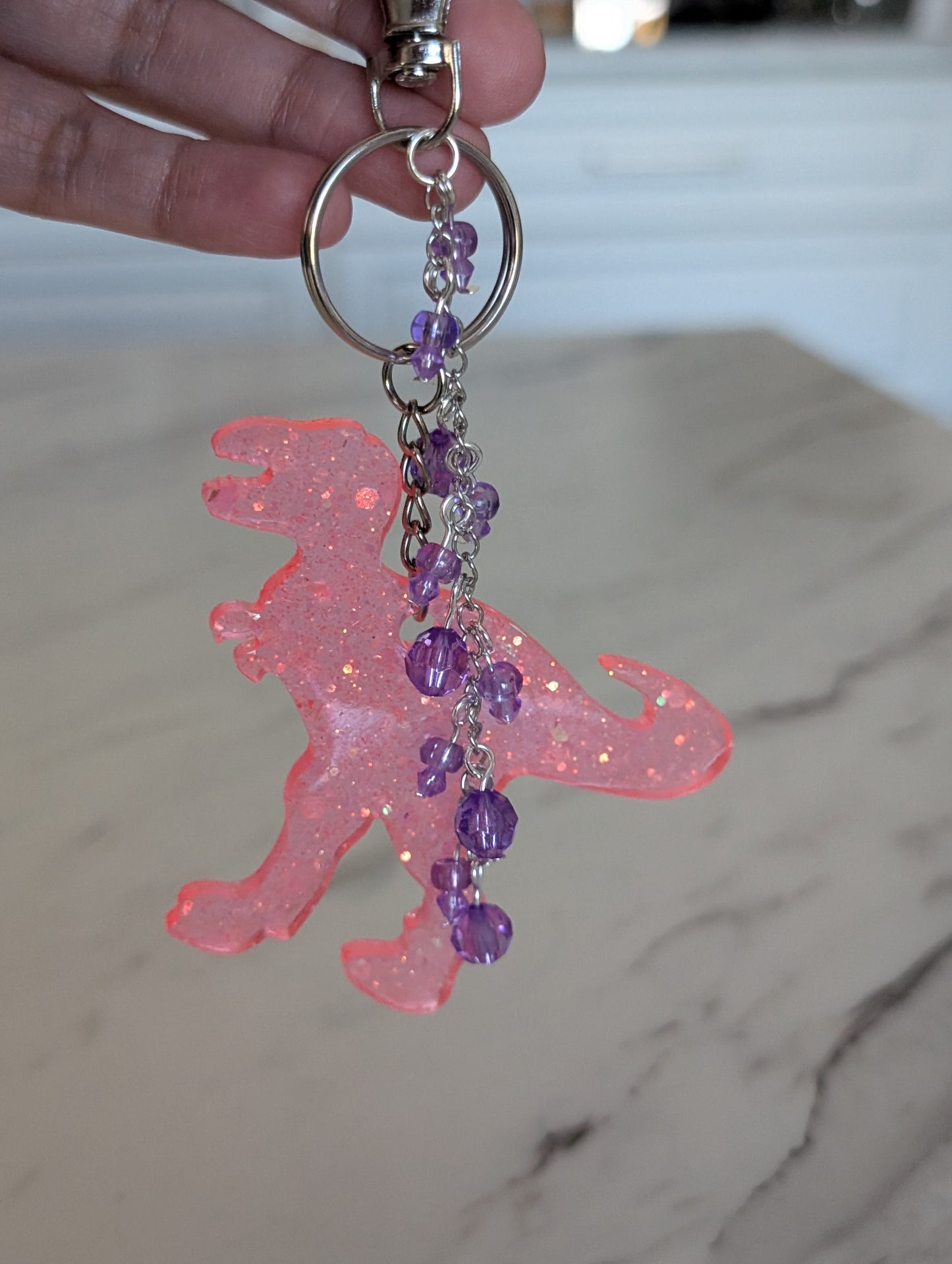 T-Rex Bag Charm – Handmade Resin Dinosaur Keychain with Beaded Tassel