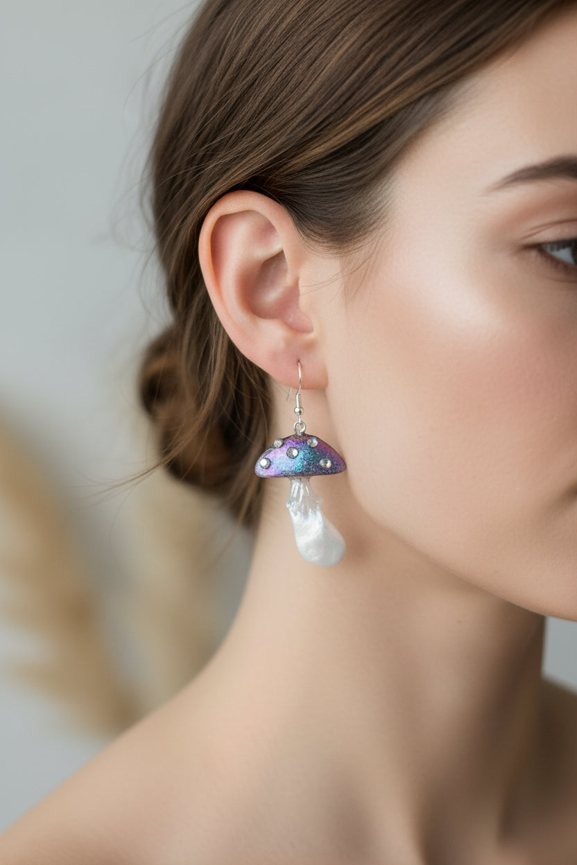 Earrings - Resin Whimsical Mushroom on Sterling Silver 925 hook