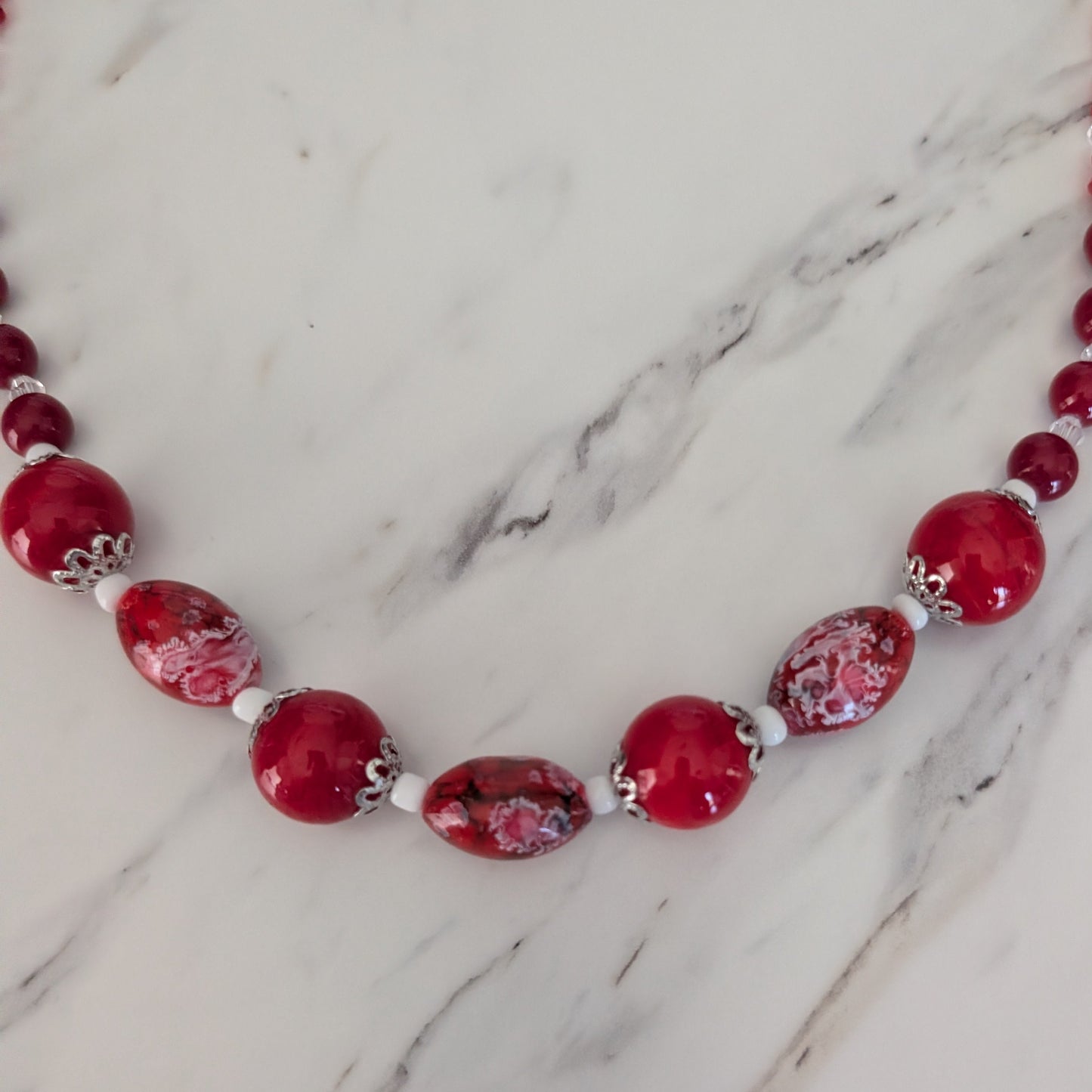 22-Inch Red Glass Bead Statement Necklace with Silver Toggle Clasp