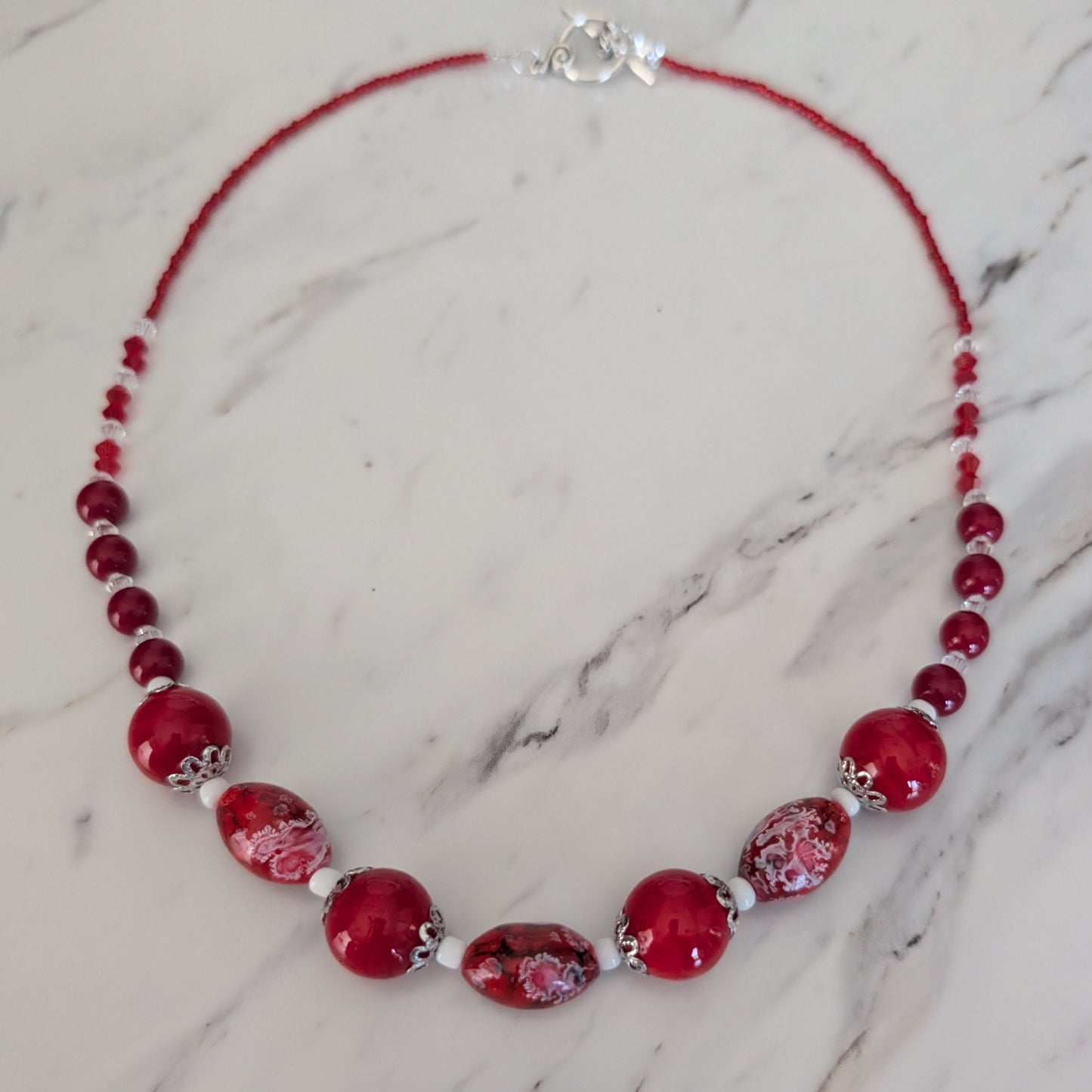 22-Inch Red Glass Bead Statement Necklace with Silver Toggle Clasp