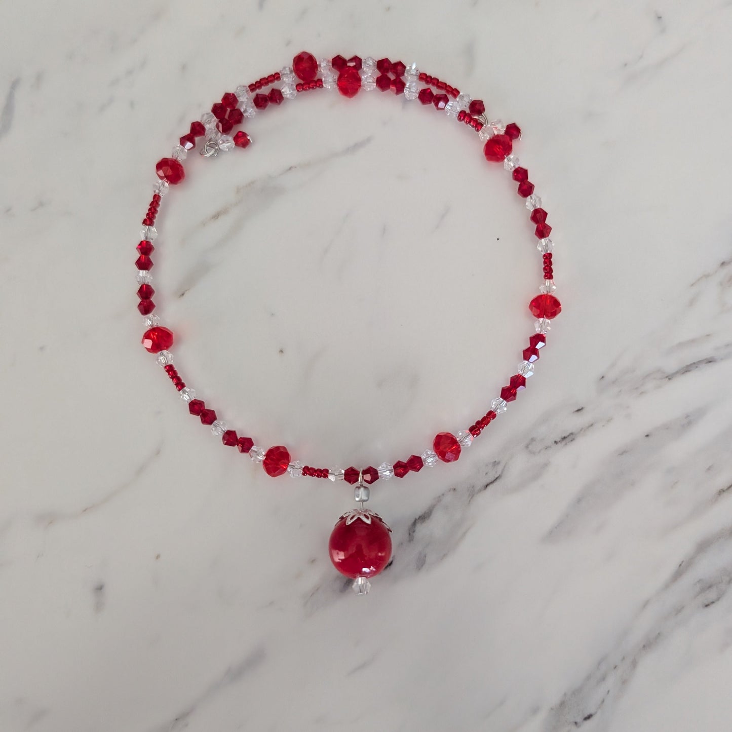 Red Crystal Choker Necklace - Memory Wire Coil Collar with 16mm Glass Bead Pendant